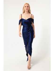 Lafaba Women's Navy Blue Slim Straps Double Breasted Collar With Slits Long Evening Dress.