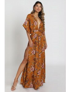 Madmext Mustard Patterned Long Dress With Slit Detail