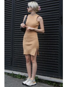 Madmext Beige Zero Sleeve Mini Basic Dress