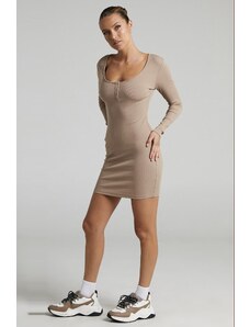 Madmext Beige Long Sleeve Basic Mini Women's Dress