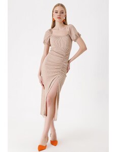 Bigdart 2396 Slit Knitted Summer Dress - Biscuit
