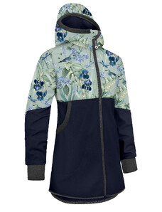 Unuo, Dívčí softshellový kabát s fleecem Street, Tm. Modročerná, Ptáčci s kosatci