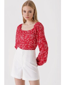 Bigdart 0465 Knitted Blouse with Balloon Sleeves - Y.Red