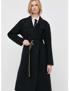 Vlněný kabát BOSS černá barva, přechodný, dvouřadový