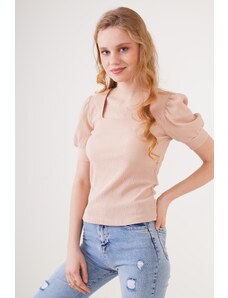 Bigdart 0409 Square Neck Knitted Blouse - Biscuit