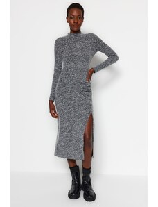 Trendyol Anthracite Crew Neck Fluffy Midi Slit and Gathered Detail Fitted Knitted Dress