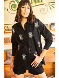 Olalook Women's Black Eye-Sequined Detailed Woven Boyfriend Shirt