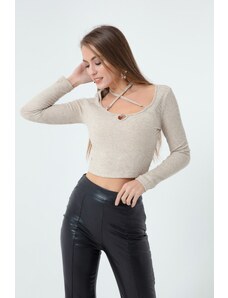 Lafaba Women's Beige Knitted Crop with Metal Accessories