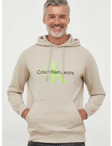 Bavlněná mikina Calvin Klein Jeans pánská, béžová barva, s kapucí, s potiskem