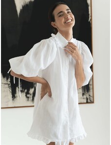Luciee Ruffle Shirt Dress - White Short Puff Sleeve
