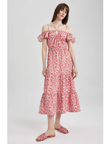 DEFACTO Off The Shoulder Floral Aerobin Midi Short Sleeve Dress