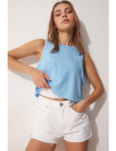 Happiness İstanbul Women's Sky Blue Cotton Halter Neck Crop T-Shirt