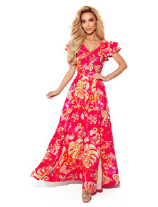 numoco LIDIA - Růžové květované dlouhé dámské šaty s výstřihem a volánky 310-4