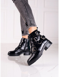 Módní kotníčkové boty černé dámské na plochém podpatku