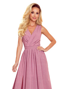 numoco JUSTINE - Dlouhé dámské šaty v pudrově růžové barvě s brokátem, s výstřihem a zavazováním 362-1