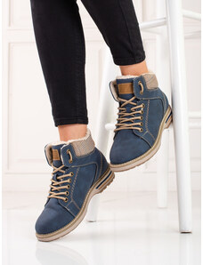 Designové kotníčkové boty modré dámské na plochém podpatku