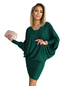 numoco Dámské netopýří šaty v lahvově zelené barvě s výstřihem a s brokátem 402-2