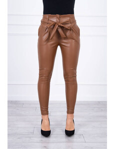 K-Fashion Kožené kalhoty vázané vpředu hnědé