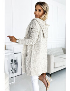 numoco basic Béžový dámský kardigan - přehoz přes oblečení s kapucí, kapsami a copánkovým vzorem 491-1