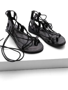 Marjin Women's Leather Eva Sole Ankle Strap Daily Flip-Flops Sandals Tinet black