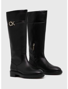 Kozačky Calvin Klein RUBBER SOLE KNEE BOOT W/HW dámské, černá barva, na plochém podpatku, HW0HW01689