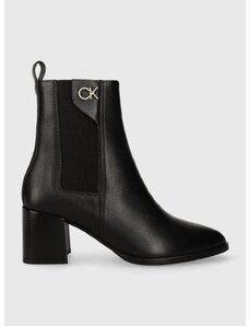 Kožené kotníkové boty Calvin Klein ALMOND CHELSEA BOOT W/HW 55 dámské, černá barva, na podpatku, HW0HW01814