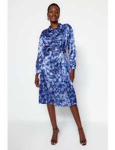 Trendyol modré páskové květinové vzory Saténové midi tkané šaty