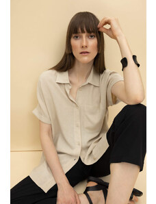 DEFACTO Regular Fit Shirt Collar Linen Blend Short Sleeve Shirt