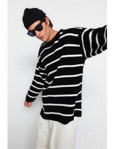 Trendyol černý unisex oversize fit široký střih posádka s výstřihem pruhovaný pletený svetr