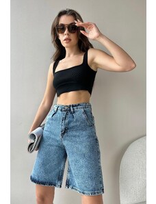 Trend Alaçatı Stili Women's Dark Blue High Waist Wide Leg Bermuda Denim Shorts