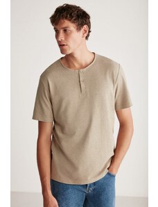 GRIMELANGE Harry Men's Collar Special Structured Textured Thick Fabric 100% Cotton Khaki T-shirt