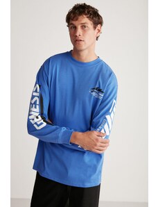 GRIMELANGE Brad Men's Comfort Fit Long Sleeve 100% Cotton Printed Saks Blue T-shirt