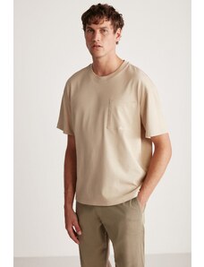GRIMELANGE Leo Men's Regular Fit 100% Cotton Beige T-shirt with Pockets and Ornamental Labels