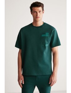 GRIMELANGE Cody Men's Regular Fit Special Textured Thick Fabric Front Embroidery and Printed Green T-shirt