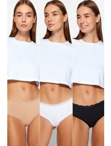 Trendyol Black-White-Nude Black 3-Pack Cotton Lace Detail Hipster Knitted Briefs