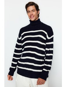 Trendyol Navy Blue Unisex Oversize Fit Wide Fit Striped Knitwear Sweater