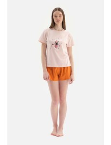 Dagi Light Pink Short Sleeve Print Detailed Pajama Set with Shorts