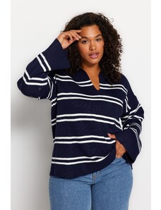 Trendyol Curve Námořnická modrá pruhovaná pletená pletená svetr