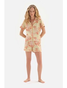 Dagi Green Tropical Patterned Shirt Collar Modal Shorts Pajamas Set