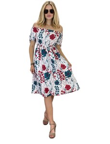Sale-Letní šaty s Carmen výstřihem 3155 - červené a modré květy