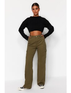 Trendyol Khaki džíny s vysokým pasem a širokými nohavicemi s cargo kapsou