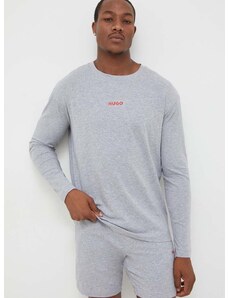 Tričko s dlouhým rukávem HUGO šedá barva, s potiskem