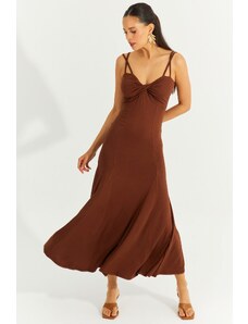 Cool & Sexy Women's Brown Knotted Front Double Strap Midi Dress
