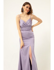 Lafaba Women's Lilac Strap Slit Long Satin Evening Dress & Graduation Dress