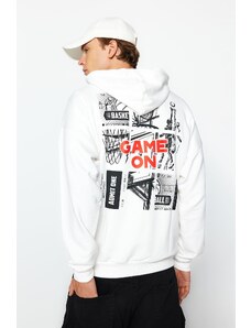 Trendyol Men's Ecru Oversize/Wide-Fit Hoodie Long Sleeve Basketball Printed Cotton Sweatshirt.