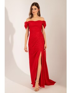 Lafaba Women's Red Boat Neck Draped Slit Long Silvery Evening Dress