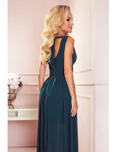 numoco JUSTINE - Dlouhé dámské šaty v lahvově zelené barvě s výstřihem a zavazováním 362-2