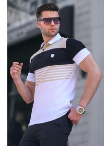 Madmext Men's White Polo Neck Striped T-Shirt 5865