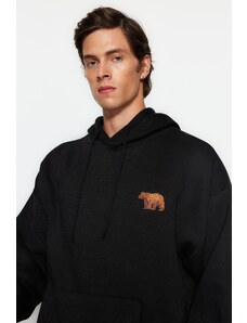 Trendyol Black Oversize/Wide Cut Hooded Animal Embroidery Inside Fleece Cotton Sweatshirt
