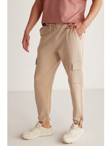 GRIMELANGE Jadon Men's Cargo Pocket Regular Fit Elastic 5 Pocket Beige Sweatpants with Stopper
